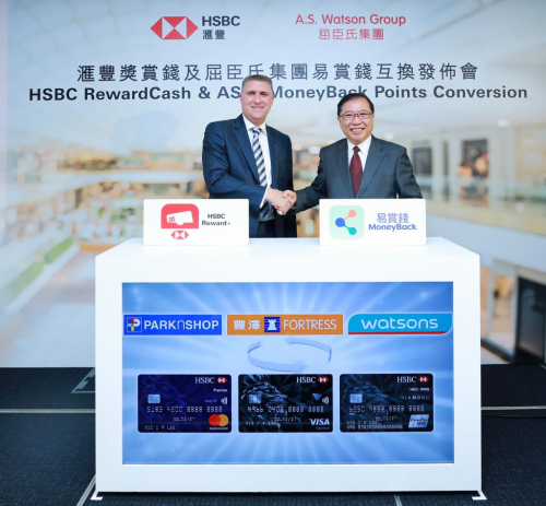 Greg Hingston, Head of Retail Banking and Wealth Management, Hong Kong, HSBC (left), and Dominic Lai, Group Managing Director of AS Watson Group (right), introduce the conversion arrangement between RewardCash and MoneyBack points